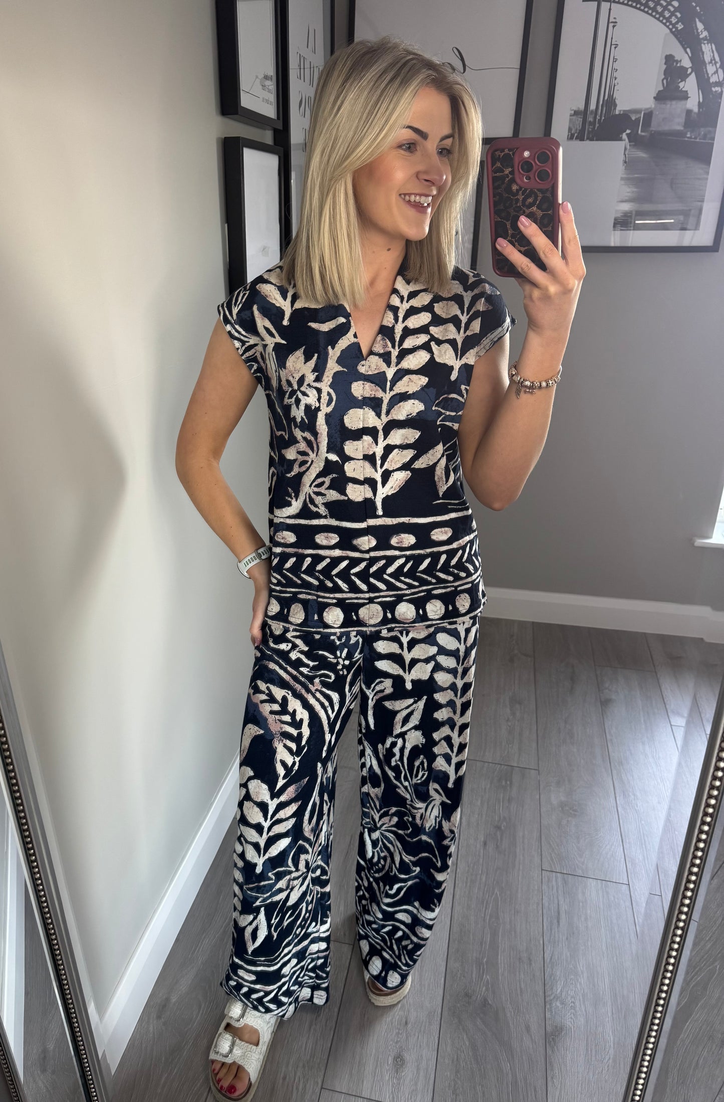 Navy/Beige Print Trousers