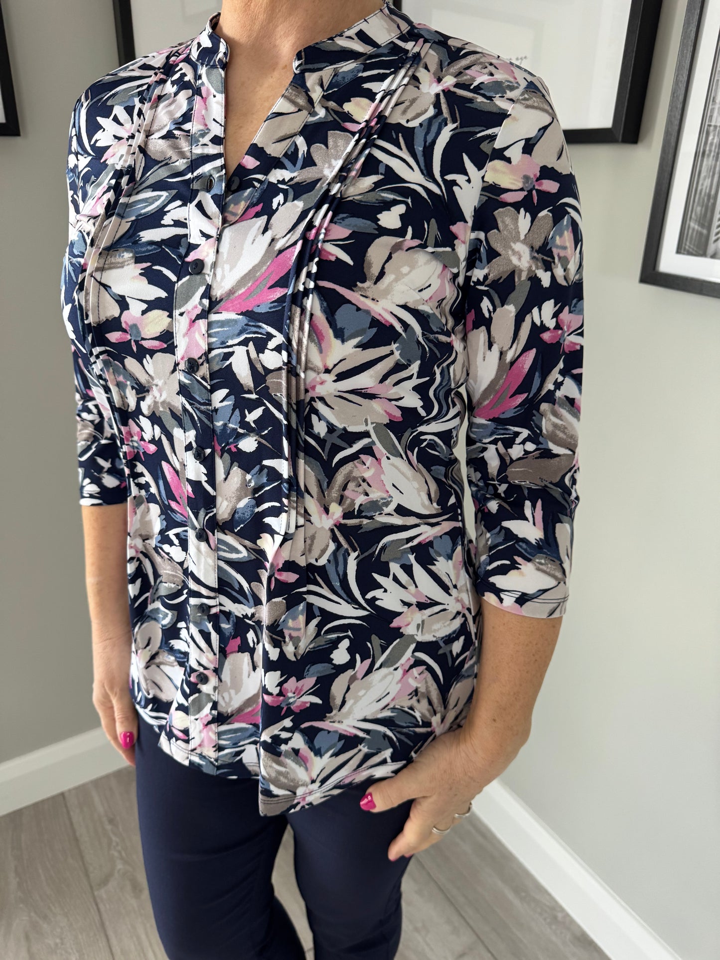 Classic Navy/Pink Floral 3/4 Blouse