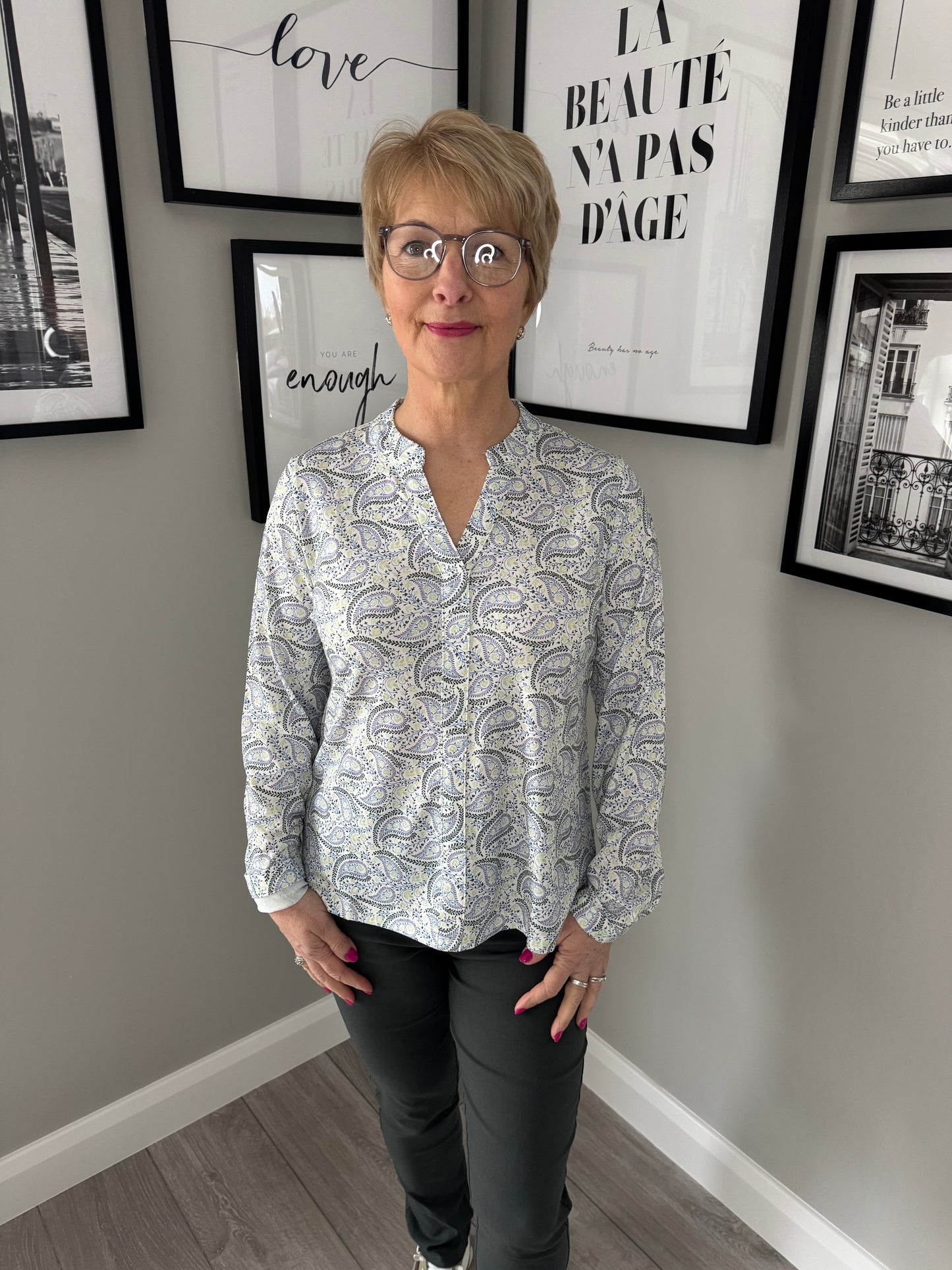 White/Blue/Green V Neck Blouse