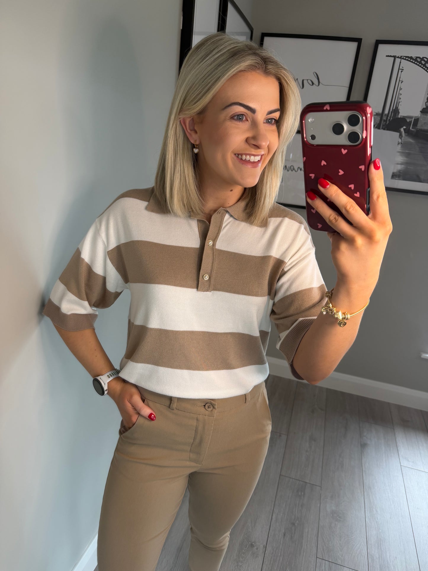 Freequent Beige/Off White Pearl Knit Polo