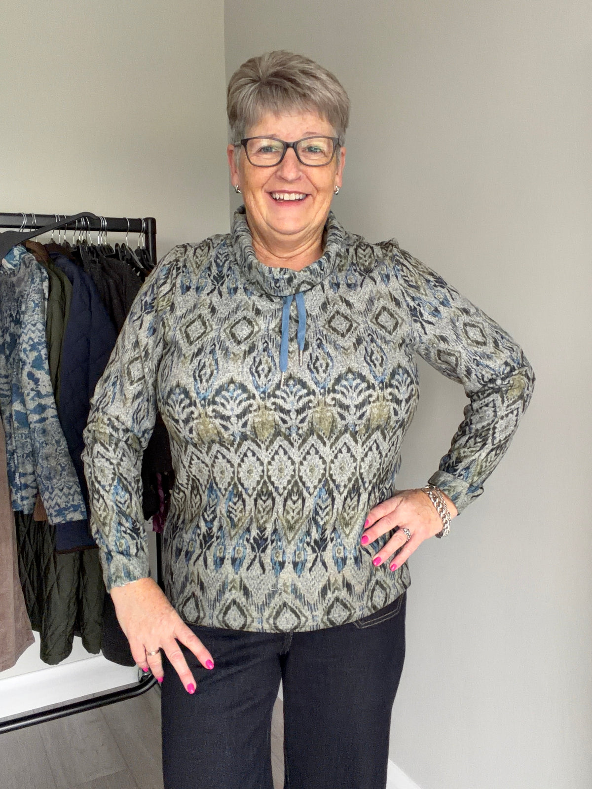 Grey/Olive Cowl Neck Top