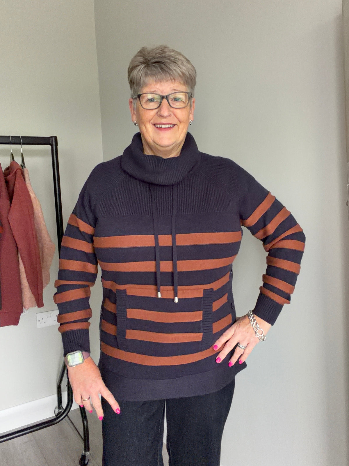 Mudflower Navy/Brown Cowl Stripe Jumper