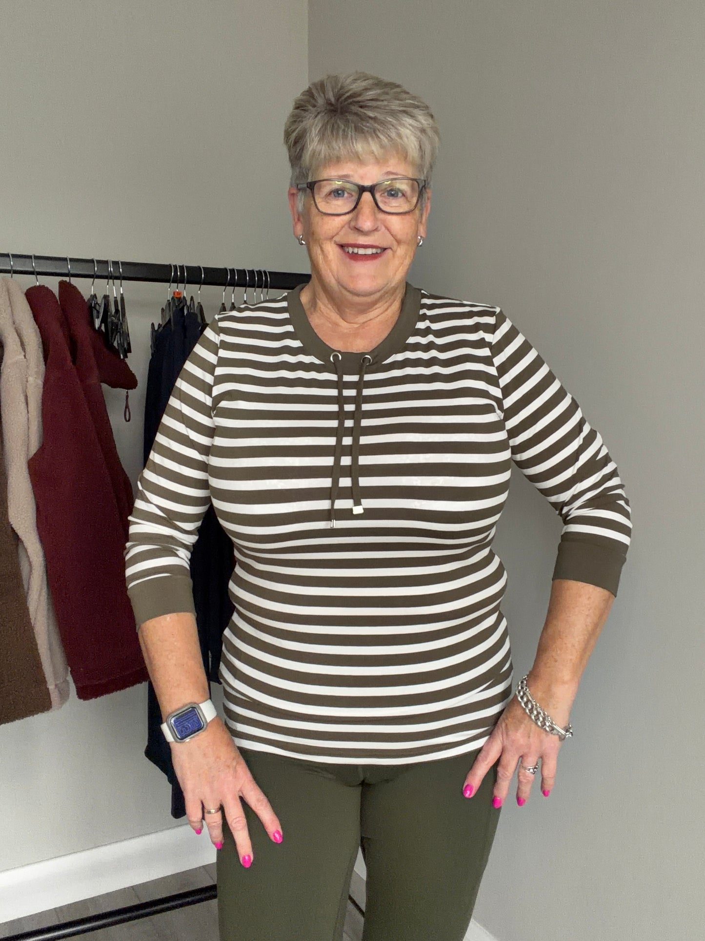 Olive/Off White Striped Top