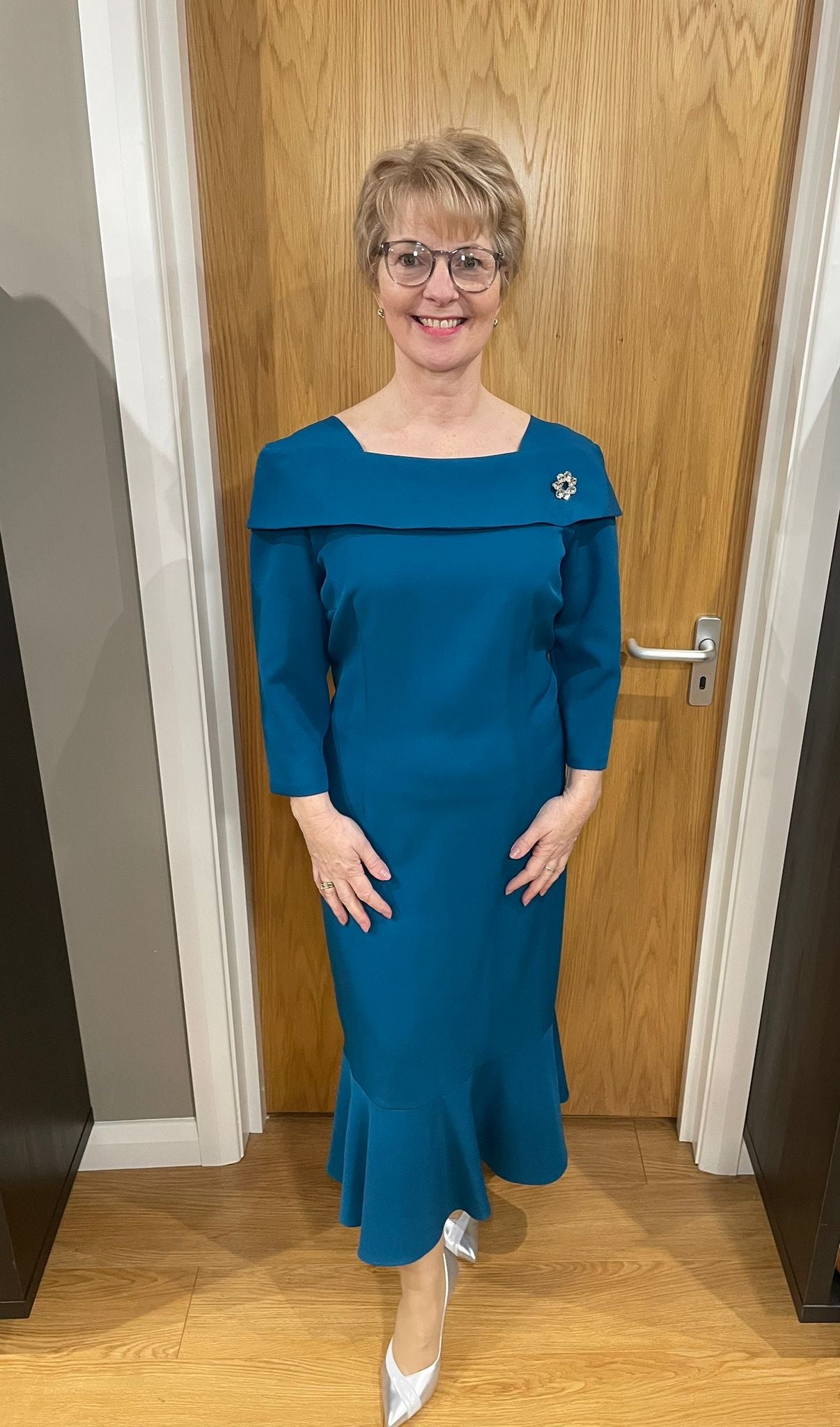 Cassandra Teal Brooch Dress