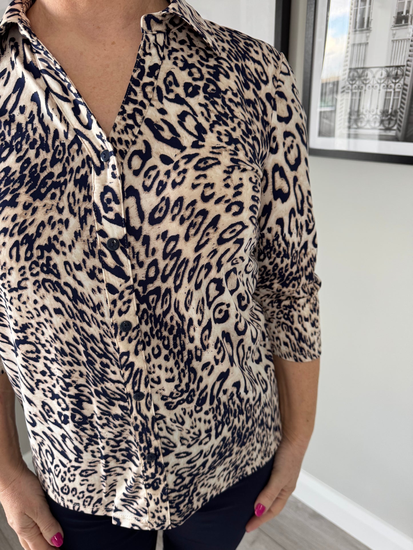 Classic Beige/Navy Leopard 3/4 Blouse