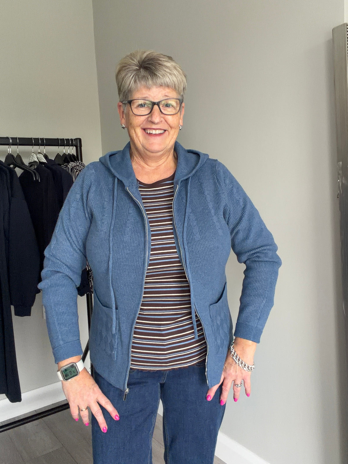 Mudflower Denim Blue Cable Hooded Cardigan