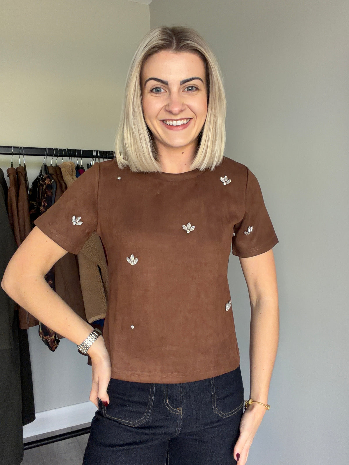 Brown Suede Embellished Top