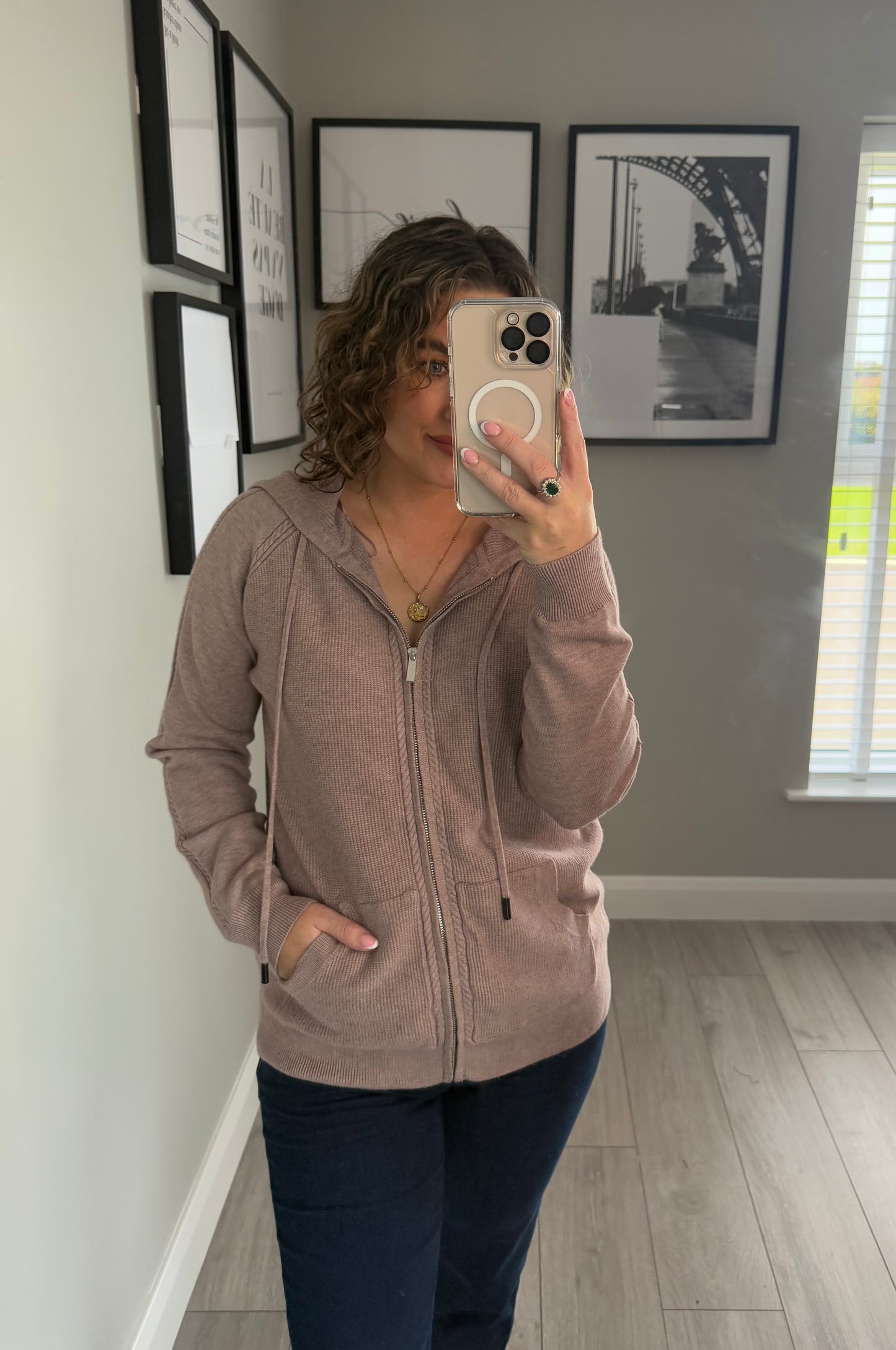 Taupe Knit Hooded Cardigan