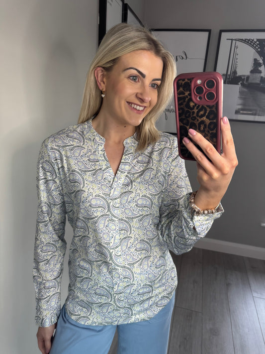 White/Blue/Green V Neck Blouse