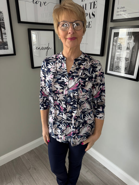 Classic Navy/Pink Floral 3/4 Blouse