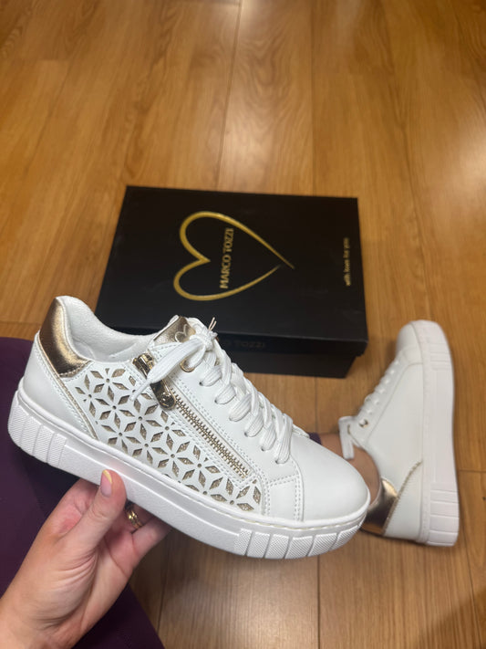 Marco Tozzi White/Gold Zip Trainer