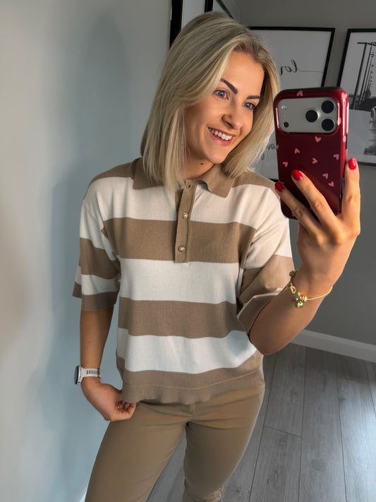 Freequent Beige/Off White Pearl Knit Polo