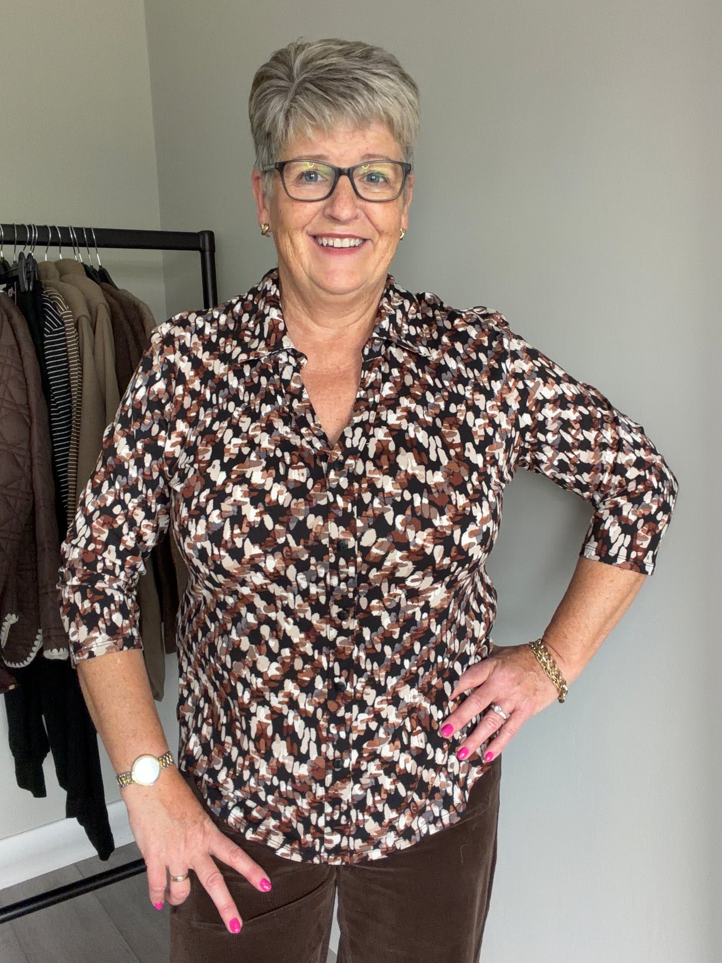 Emreco Brown/Black 3/4 Collar Blouse