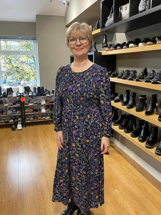 Navy Floral Print Shirred Soft Touch Dress
