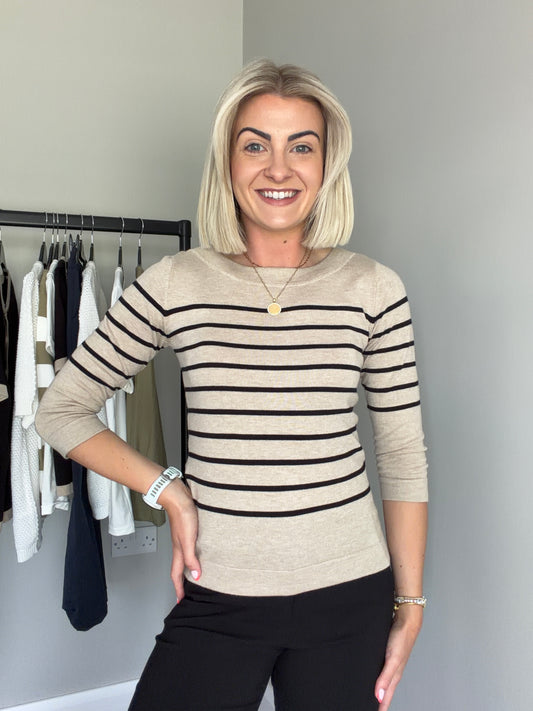 Kaffe KAlizza Feather Grey/Black Stripe Boatneck Pullover