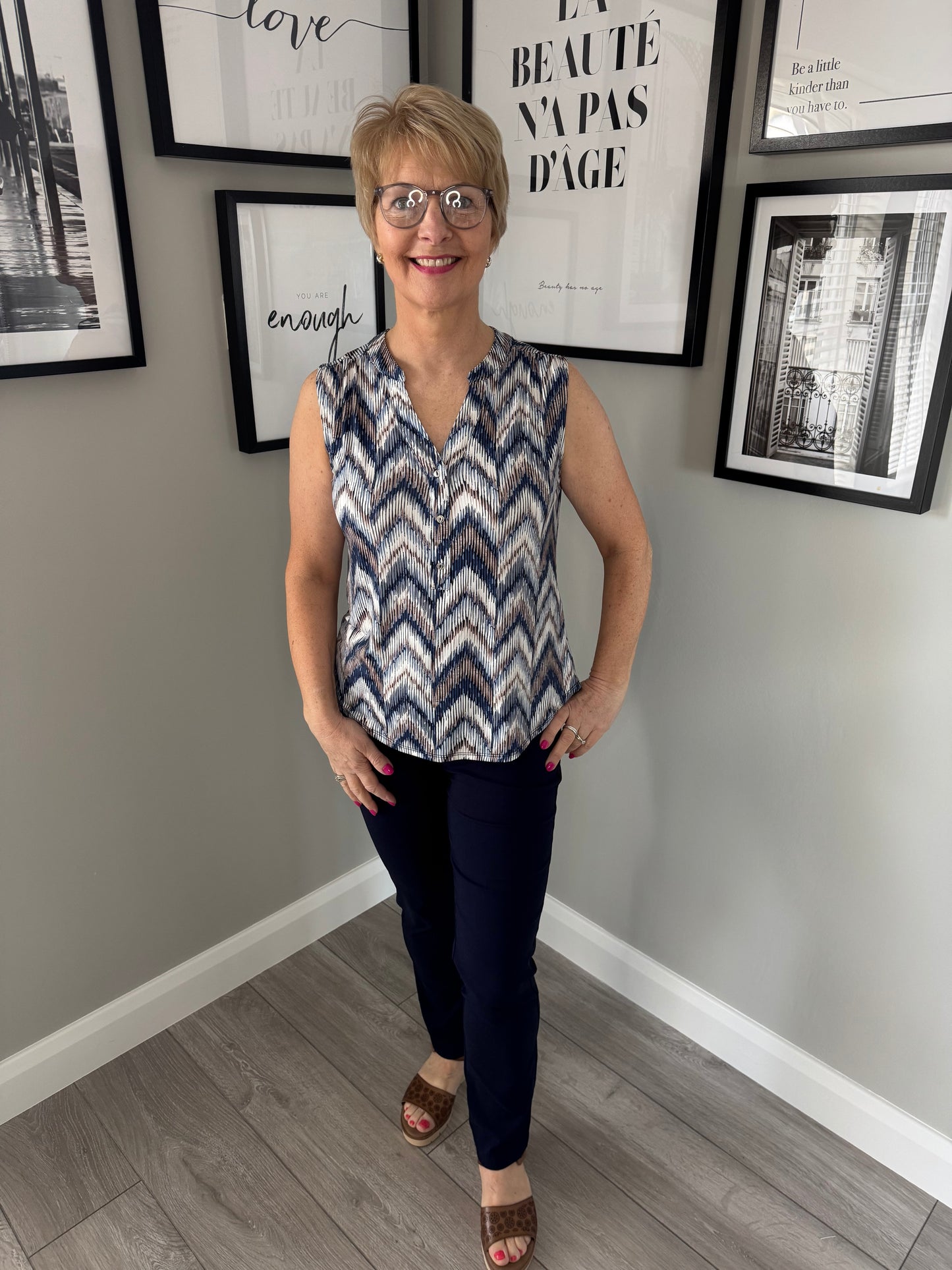 Emreco Navy/Taupe Sleeveless Blouse