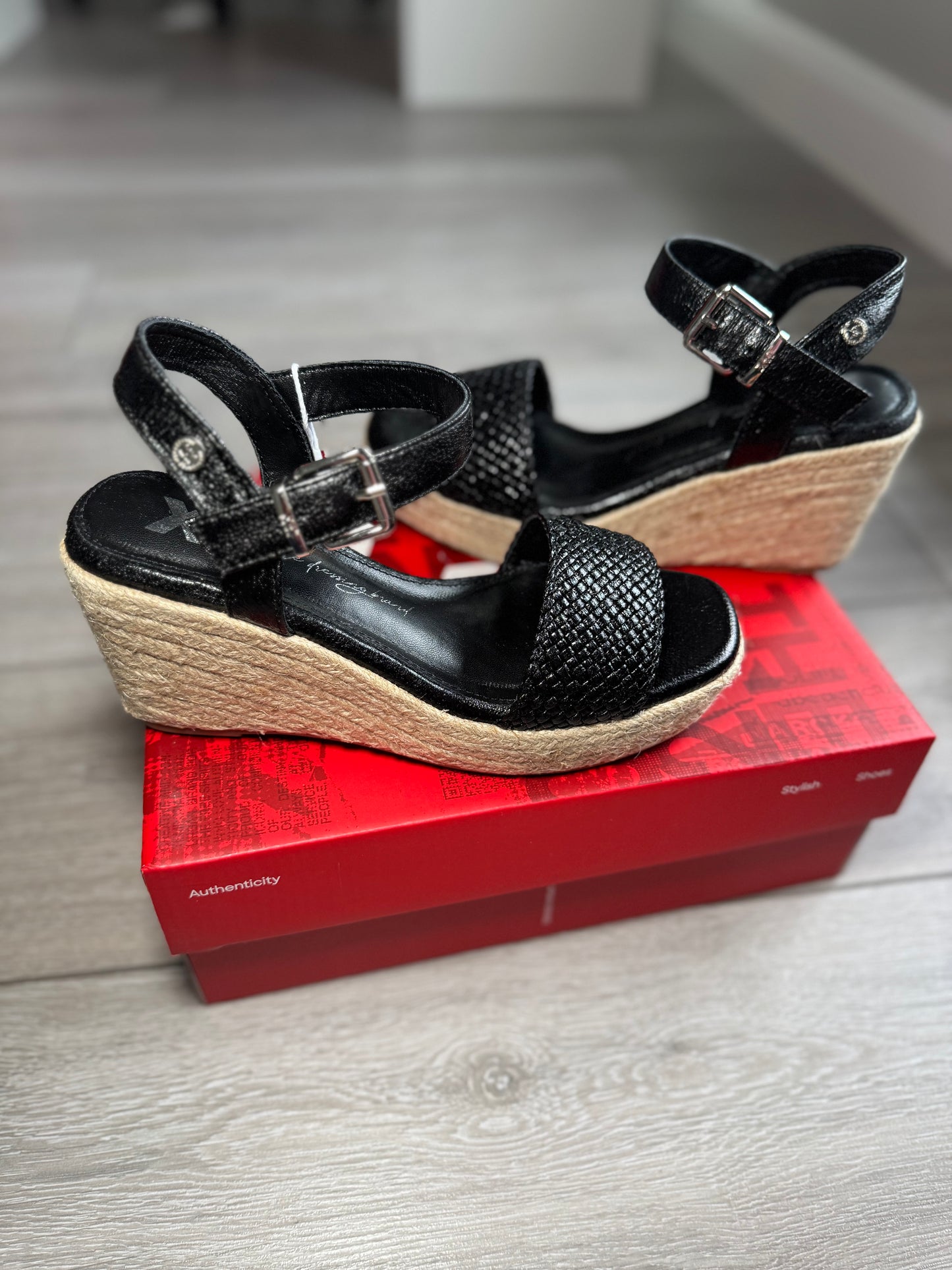 XTI Black Espadrille Wedge Sandal