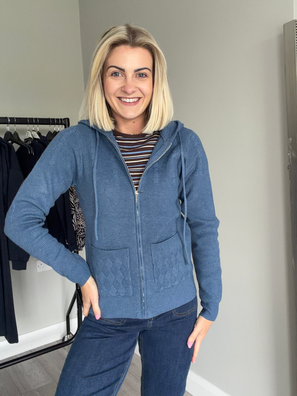 Mudflower Denim Blue Cable Hooded Cardigan