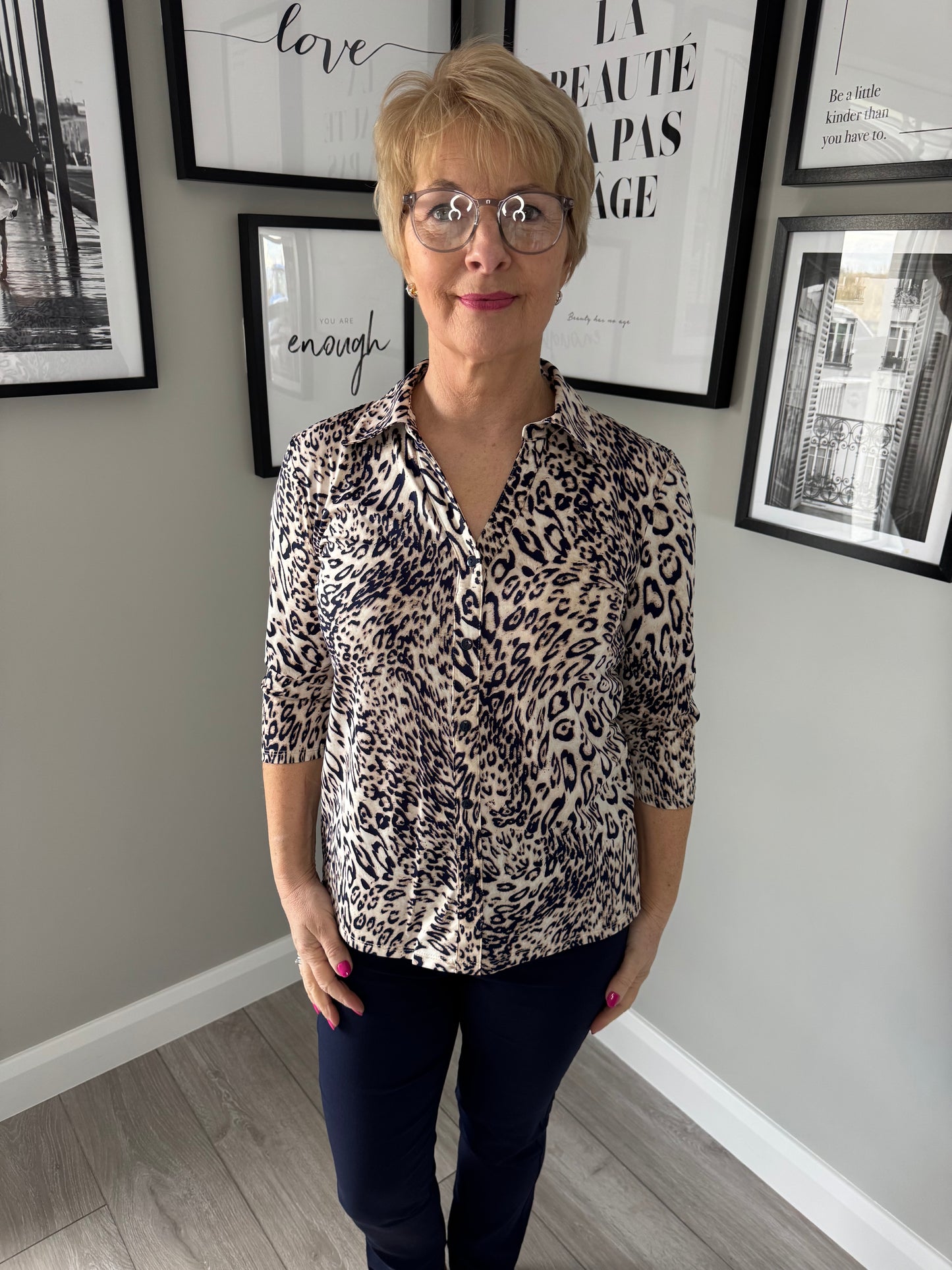 Classic Beige/Navy Leopard 3/4 Blouse