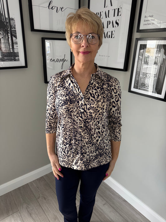 Classic Beige/Navy Leopard 3/4 Blouse