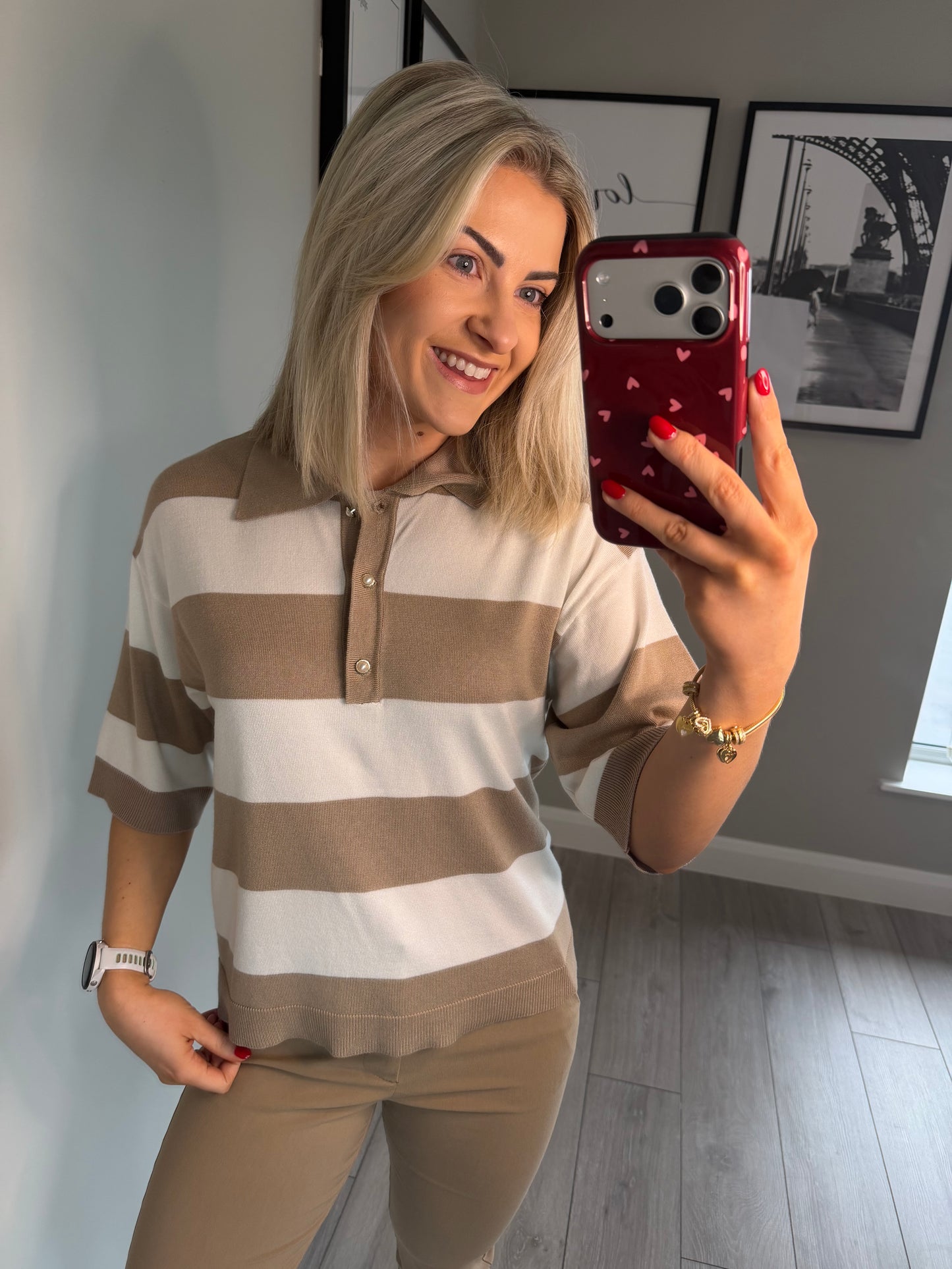 Freequent Beige/Off White Pearl Knit Polo
