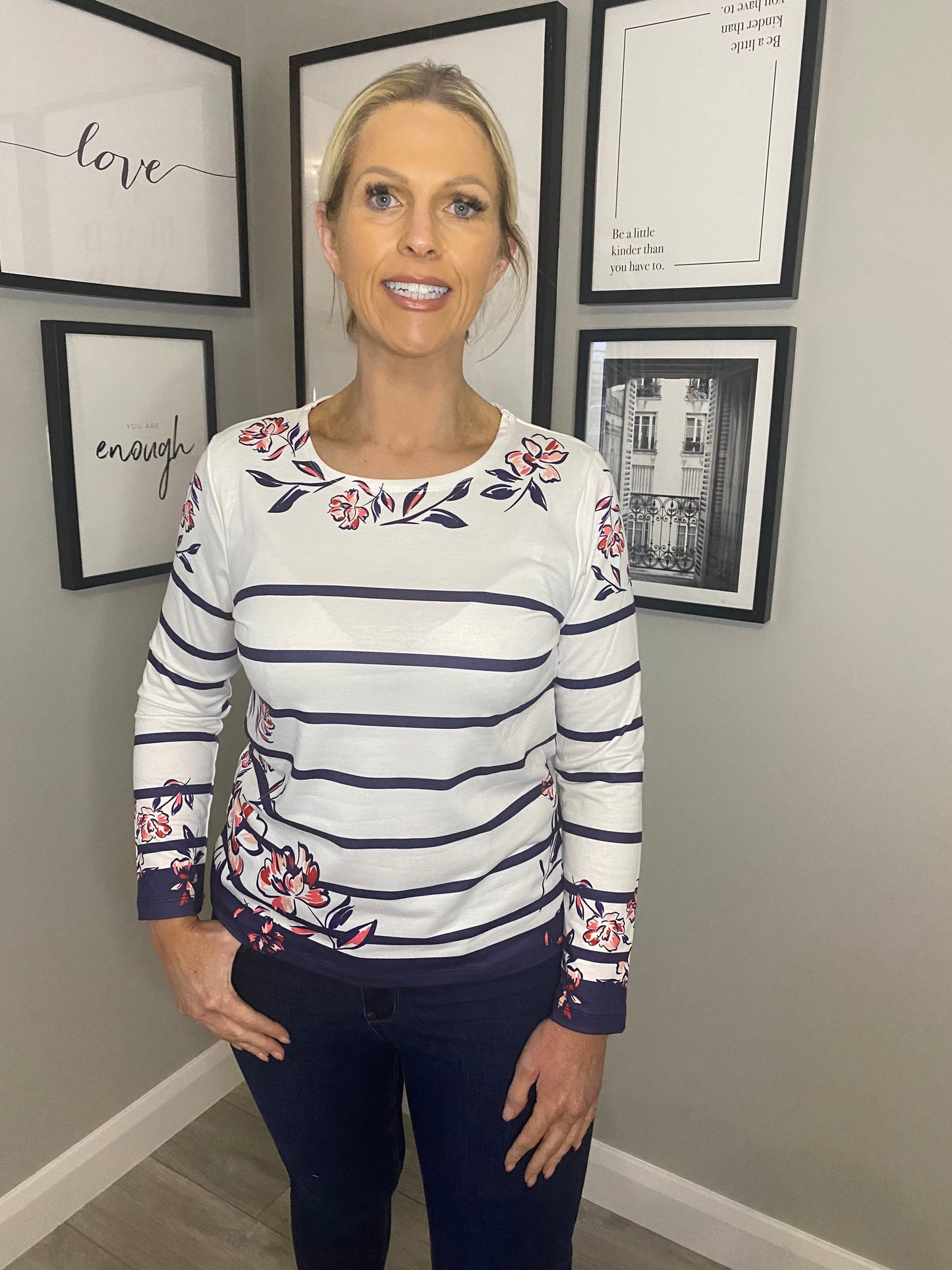 White/Navy Floral Stripe Tee