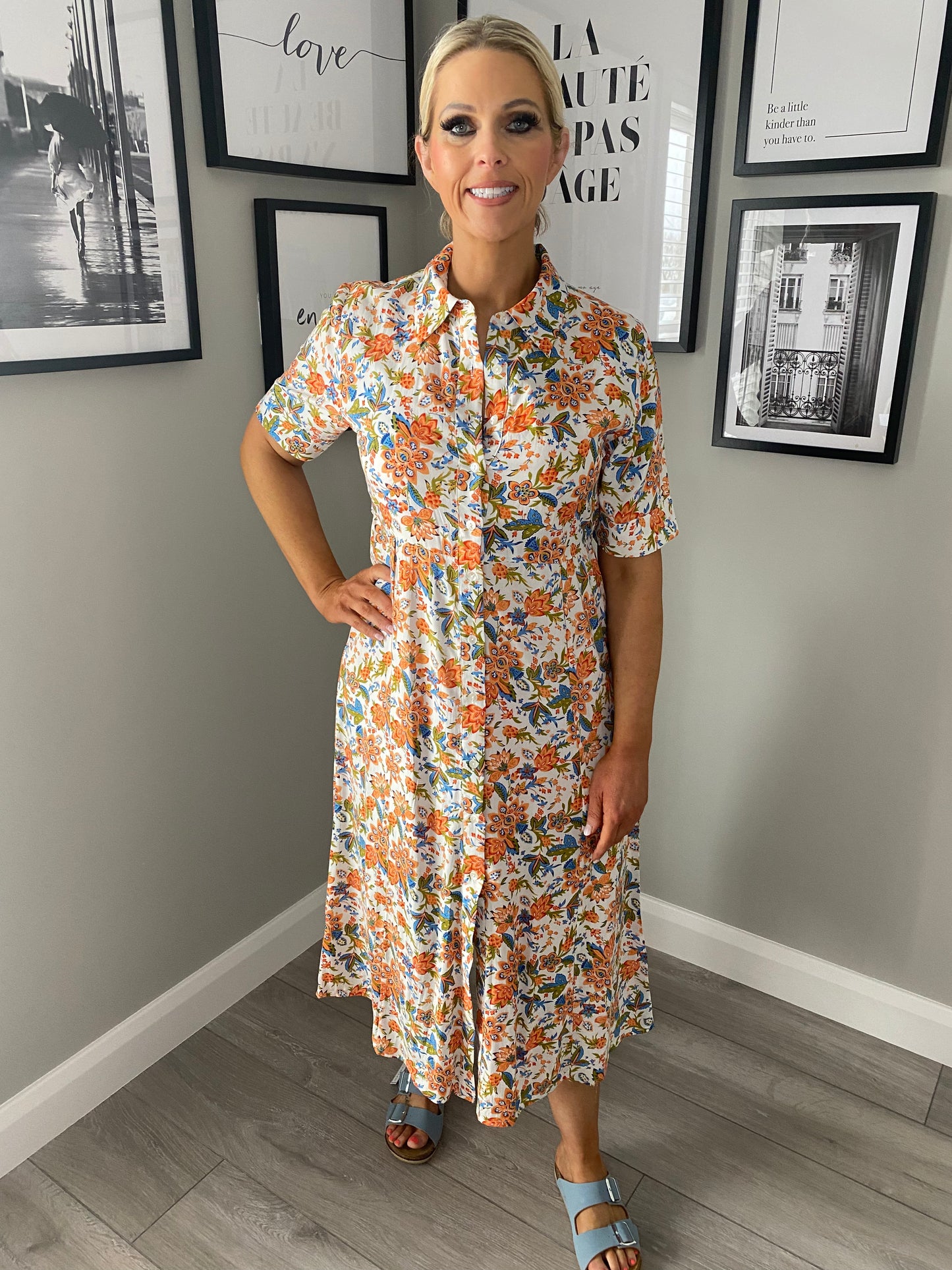 Orange/Blue Floral Shirt Dress