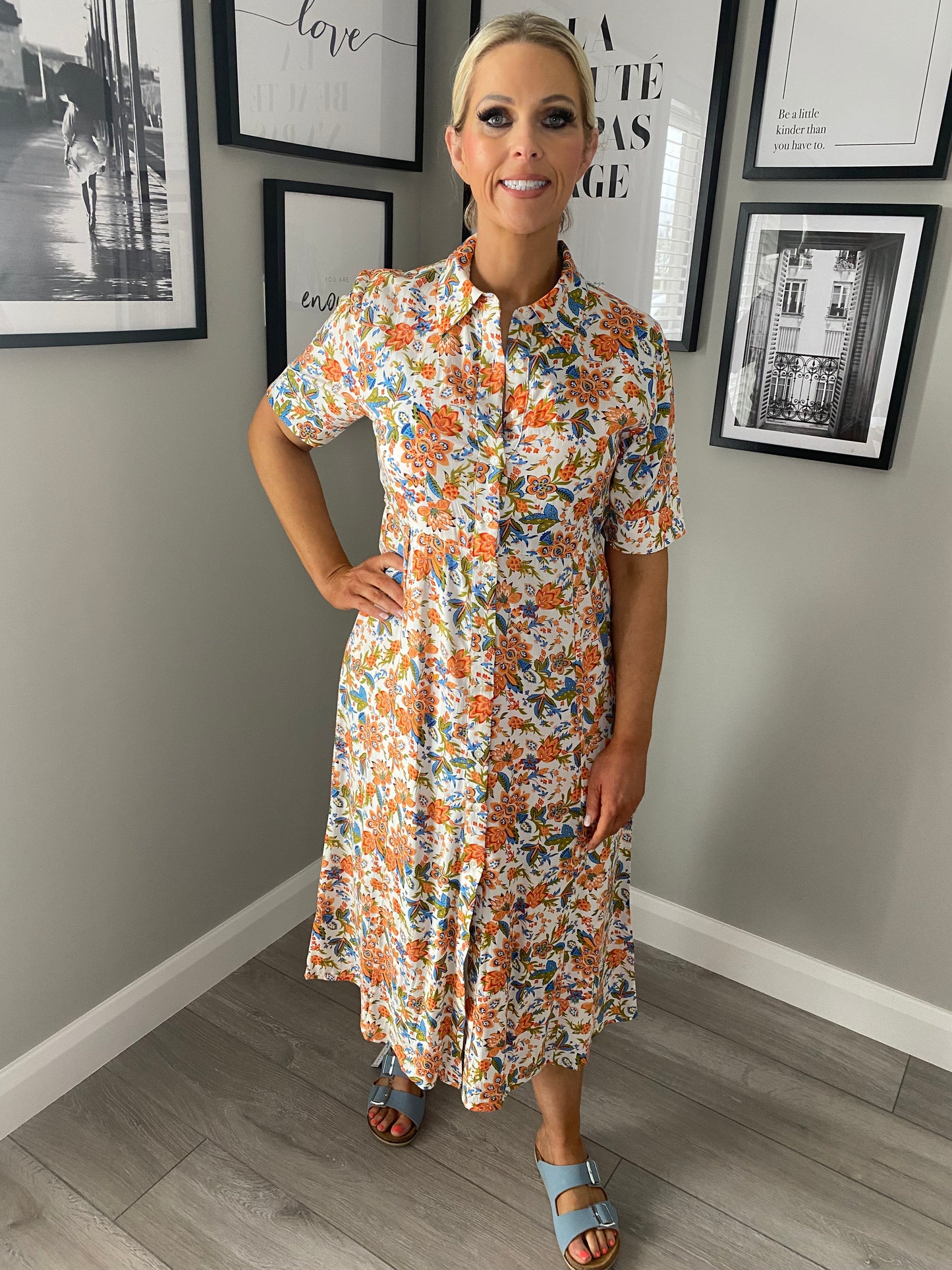 Orange/Blue Floral Shirt Dress