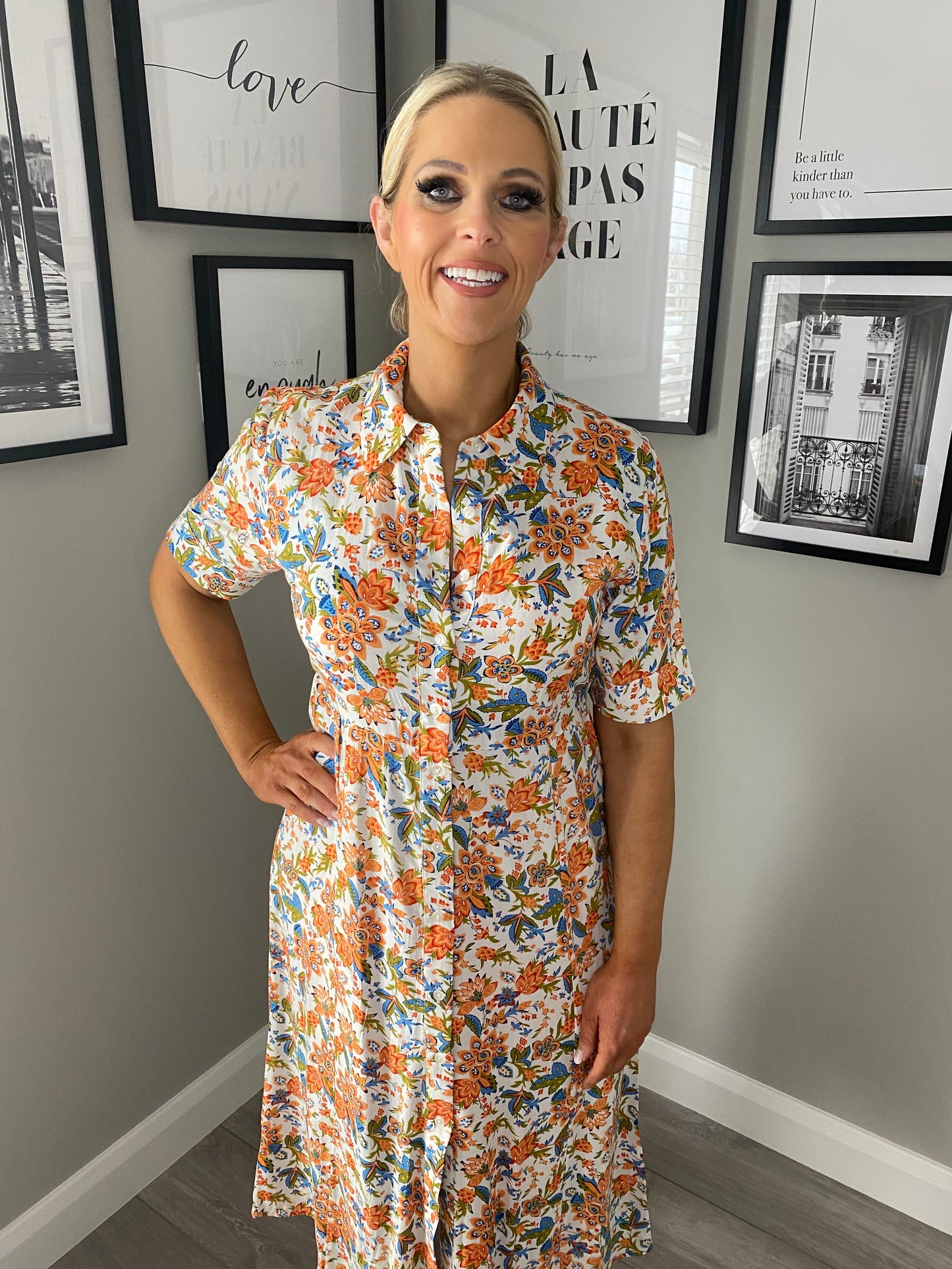 Orange/Blue Floral Shirt Dress