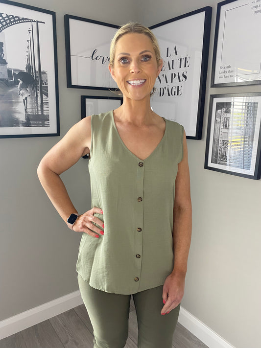 Khaki Button Vest Top