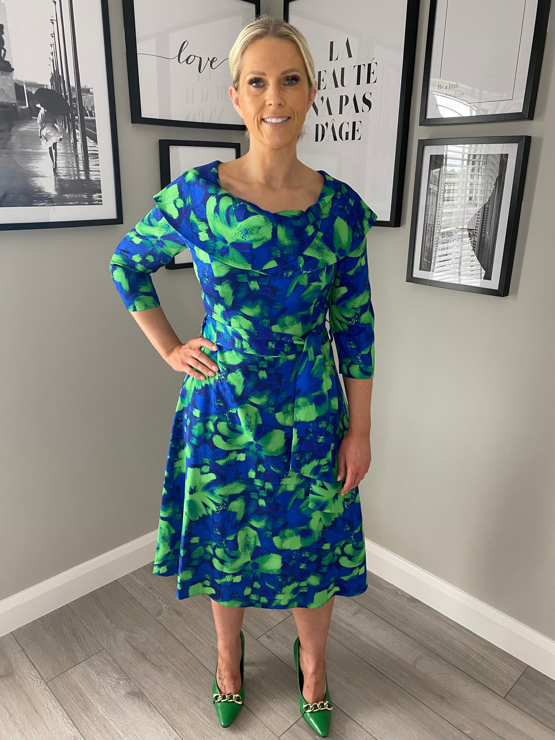 Royal blue top and green dress
