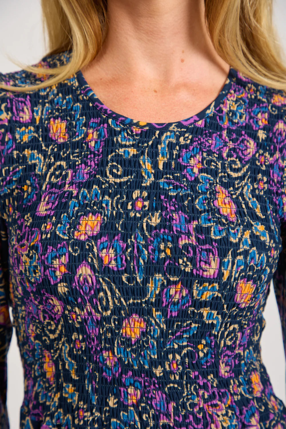 Navy Floral Print Shirred Soft Touch Dress