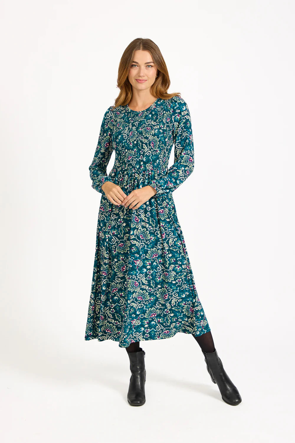Green Floral Print Shirred Soft Touch Dress